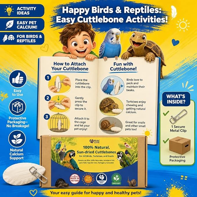 Birds LOVE 7.5-8" Cuttlebone for Birds – 100% Natural Sun-Dried Calcium Carbonate Mineral Supplement – for Parakeets, Budgies, Cockatiels, Finches & Canaries – 2 Pack with Holder – Made in Vietnam