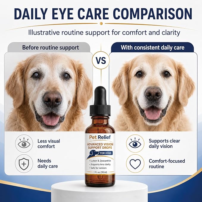 Pet Relief Advanced Vision, Gentle Daily Eye Support Drops for Dogs, Helps Maintain Clear & Comfortable Eyes, Clears Debris, Reduces Cloudiness, Easy Dropper Bottle
