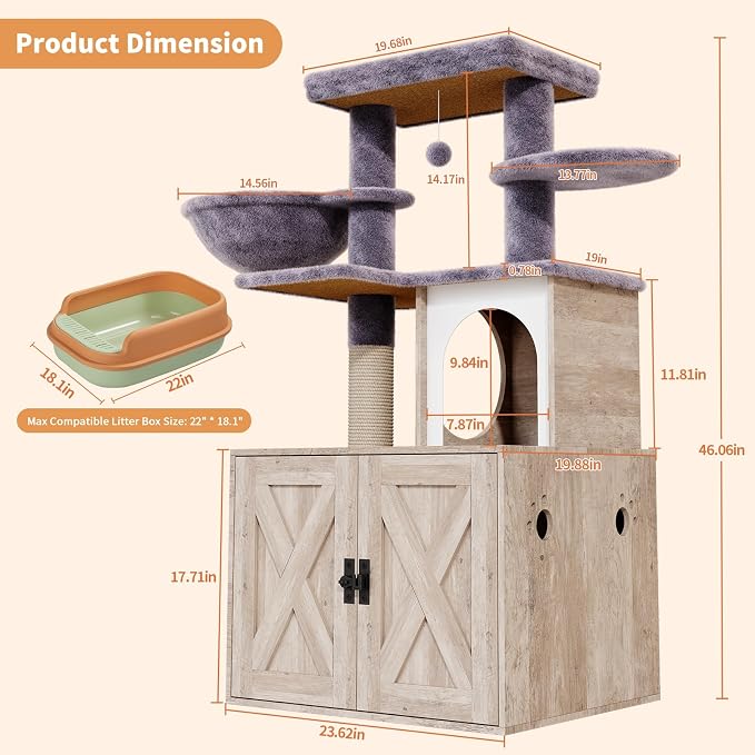 Cat Tree with Litter Box Enclosure, Hidden Litter Box Furniture with Cat Tower, Cat Tree with with Sisal Scratching Post,Hammocks,Condo,Multiple Platform,Soft Plush Perch, Grey