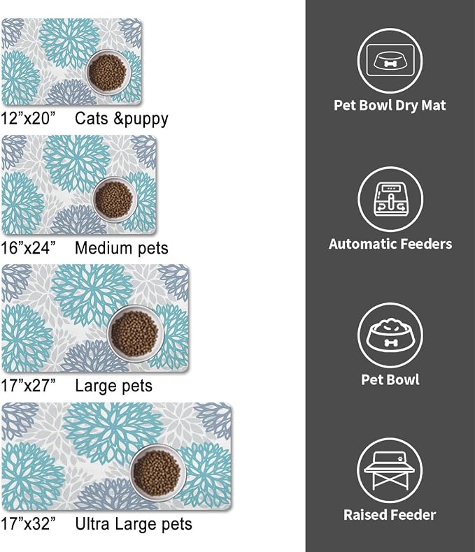 Dog Food Mats for Floors, Absorbent and Quick-Drying Pet Cat Food Mat,Anti-Fouling and Easy-to-Clean Pet Feeding Mat,Dog Bowl Mat for Messy Drinking Water Bowls.17x32, Bohemia Dahlia Floral Style