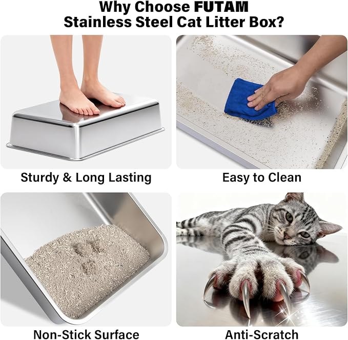 2PACK Stainless Steel Cat Litter Box with High Sides Lid, Extra Large XL Litter Box for Big Cats, Metal Kitty Litter Box, Anti-Urine Leakage, Easy Cleaning, Non-Sticky, Scoop and Mat Included