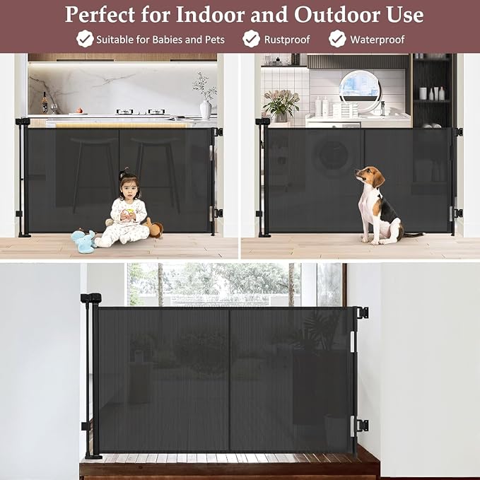 Reinforced 41 Inch Extra Tall Baby Gate 55" Wide Retractable Dog Gate with Support Rods – Prevents Crawling Under, Indoor Extra Tall Dog Gate Retractable Baby Gates Outdoor Retractable Gate, Black