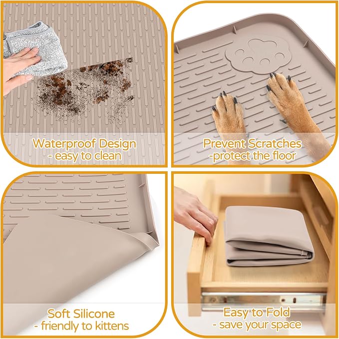 Dog Food Mat, 40" x 28" Large Silicone Mat Dog Feeding Mat with Raised Edge Non-Slip Pet Feeding Mat for Food and Water Bowl, Easy to Clean, Floor Protection (Khaki)