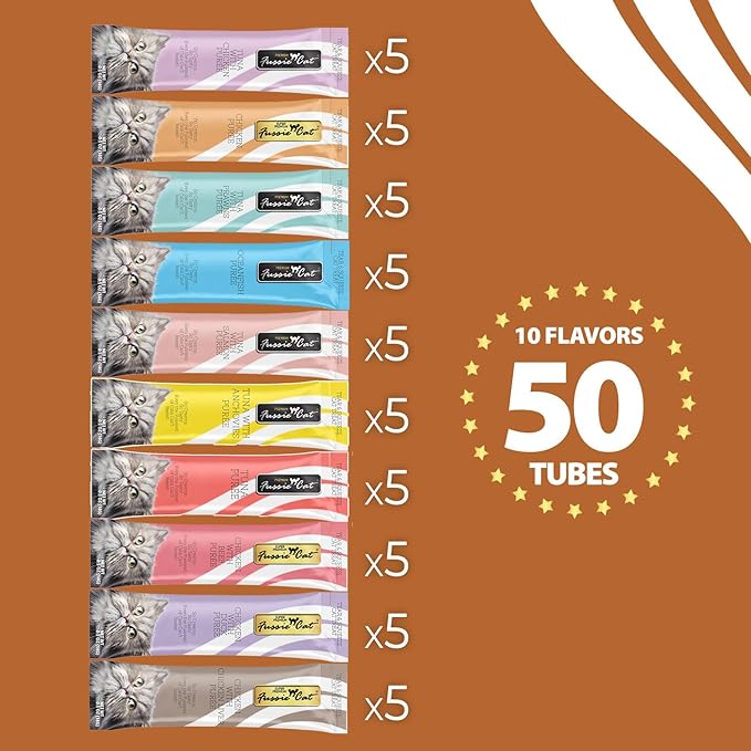 Fussie Cat, 0.5 Ounces Each, 50 Tubes, Tuna & Chicken Variety 10 Flavors