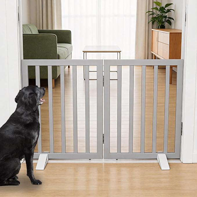 ZJSF Freestanding Indoor Dog Gate for House Foldable Wood Puppy Gate for Doorways Pet Gate for Stairs Extra Wide Pet Fence, Grey, 24" Height 2 Panels