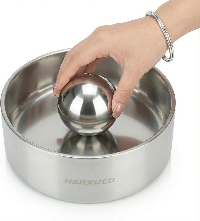 Stainless Steel Dog Slow Feeder Set – 2-in-1 Pet Bowl 64oz & Slow Feeder Ball 3.6in – Spherical Design Slows Eating & Use Separately or Together (Large)