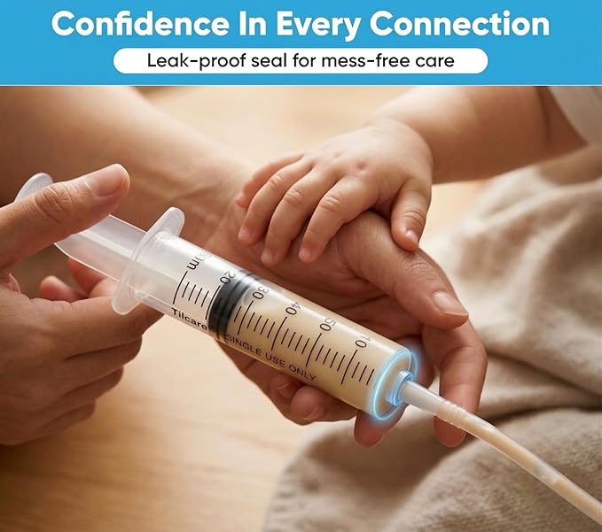 60ml Catheter Tip Syringe with Covers 10 Pack by Tilcare - Sterile Plastic Medicine Food Droppers for Children, Pets or Adults – Latex-Free Oral Medication Dispenser - Large Feeding Tube Syringes