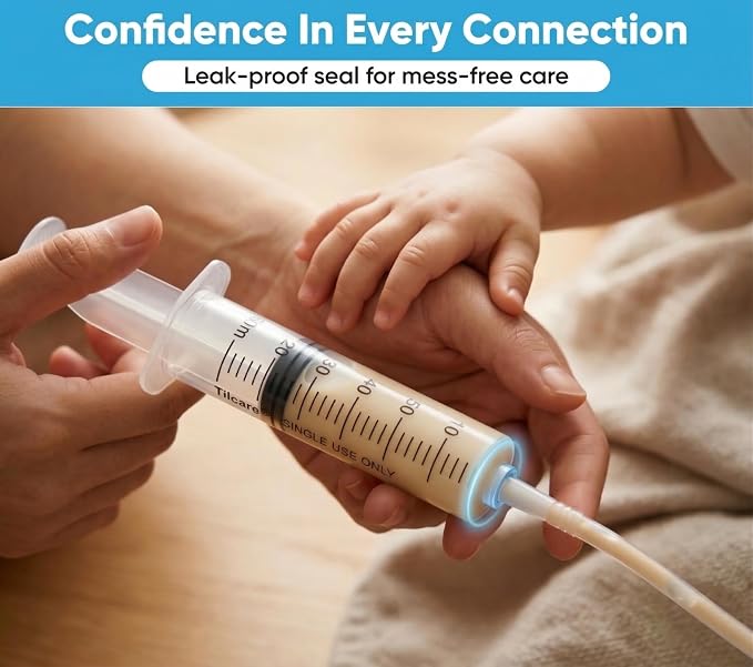60ml Catheter Tip Syringe with Covers 50 Pack by Tilcare - Sterile Plastic Medicine Food Droppers for Children, Pets or Adults – Latex-Free Oral Medication Dispenser - Large Feeding Tube Syringes