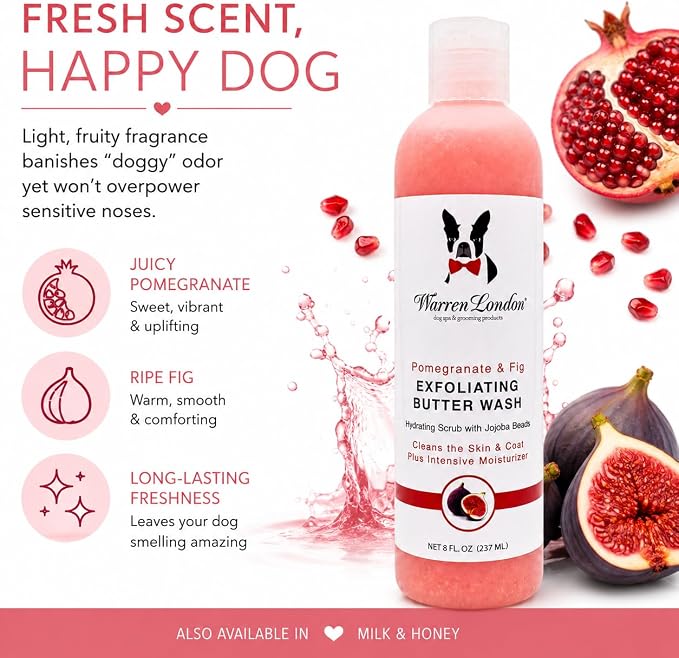 Warren London Exfoliating Butter Wash Dog Shampoo – Pomegranate & Fig, 8 oz | Cleansing, Conditioning & Exfoliating Shampoo with Jojoba Beads for Dry Skin, Soft Coat & Shine | Made in USA