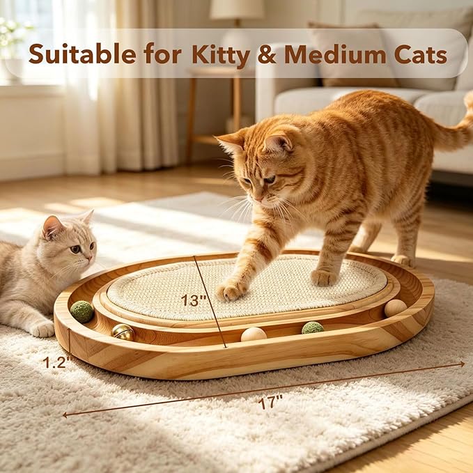 Cat Scratcher Toy with Ball Track, Kitten Interactive Toy, Natural Sisal Cat Scratch Pad for Indoor Cats, Sturdy Solid Wood Frame, Physical Exercise for Kitty & Medium Cat