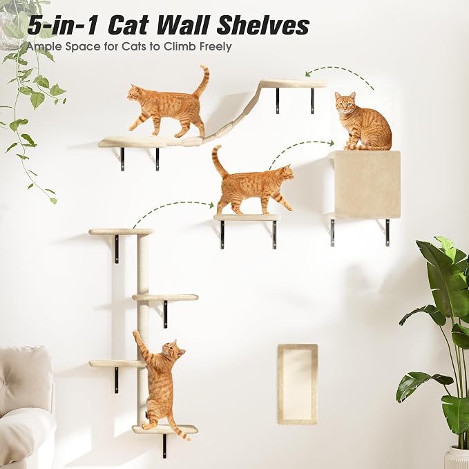 COZIWOW 5-Piece Cat Tree Set with Wall Mounted Cat Shelves, Cat Scratching Post & Cat Wall Furniture, Multi-Functional Indoor Cat Jungle Gym, Essential for Cat Room, Suitable for Large Cats(Beige)