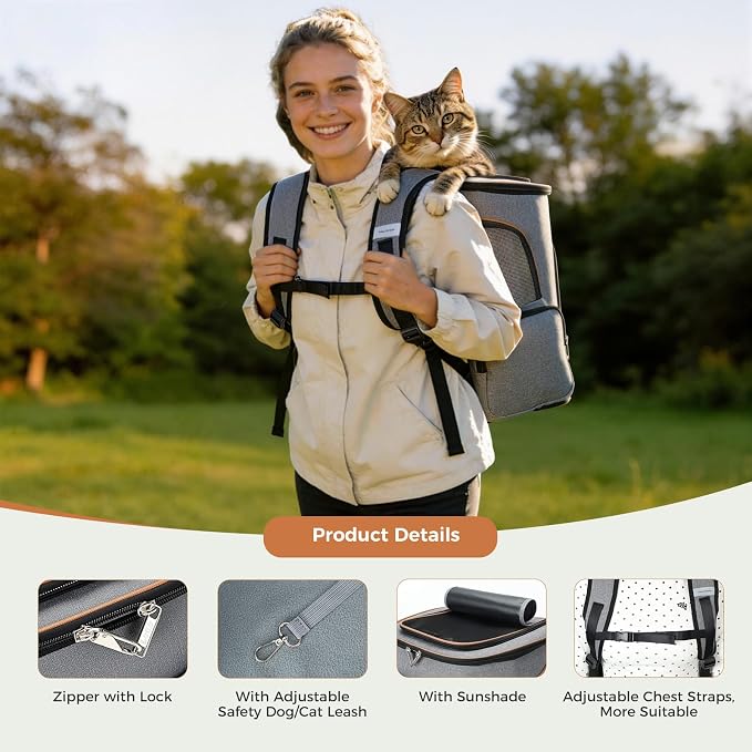 Large Cat Backpack Expandable Pet Carrier Backpack, Lekereise Dog Backpack Carrier for Small Dogs and Medium Cats, Grey