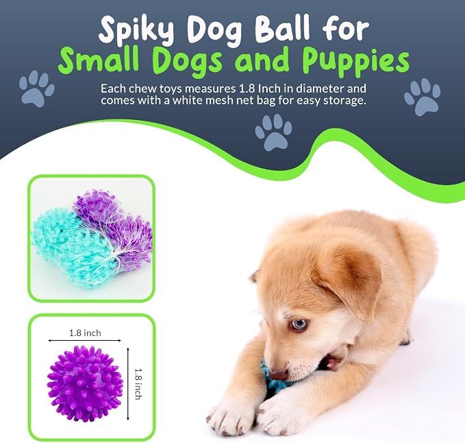 Spiky Dog Ball 1.8 Inch - Squeaky Textured Chew Toy for Small Dogs 4 Pack - Rubber Ball for Puppies, Aggressive Chewers, Gum Stimulation - Non-Toxic