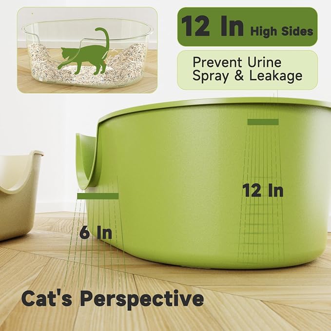 Cat Boxes for Indoor Cats - XL High-Walled Litter Pan with Anti-Splash Design, Low-Entry & Top Entry Cat Litter Box, Tool-Free Assembly Corner Tray (30x20x12 Inch, Green)