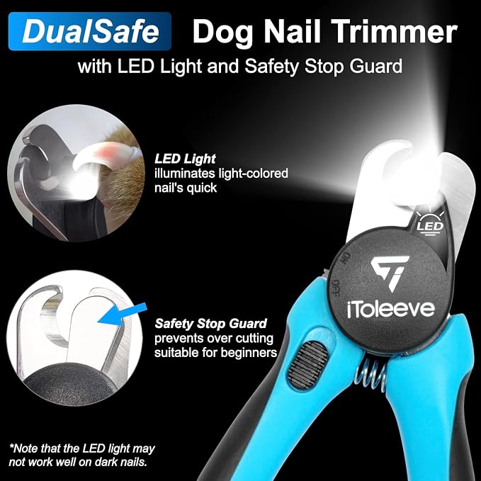 iToleeve Professional LED Dog Nail Clipper + Dual Flexible Slicker Brush, Nail Clipper with Light and Safety Guard, Illuminates Dogs Nails, Dog Brush for Long Hair, Gently Removes Undercoat, Tangles