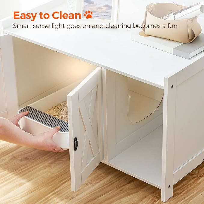 MAHANCRIS Cat Litter Box Enclosure, Hidden Litter Box Furniture with Divider, Indoor Cat House, Wooden Cat Washroom Storage Cabinet Bench, Side End Table Nightstand, White CWWT2501