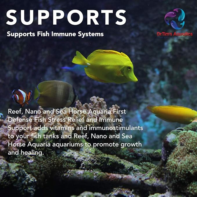 DrTim's Aquatics Reef First Defense Fish Stress Relief and Immune Support – For Reef, Nano, Sea Horse Fish Tanks, Aquariums – Revitalizes Natural Coat – Detoxifies Heavy Metals, Repairs Wounds – 4 Oz. (421)