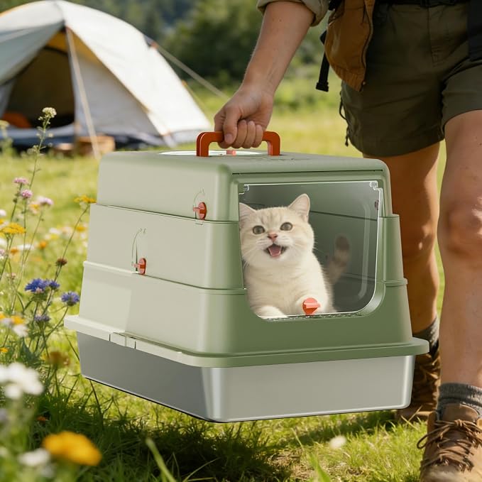 Stainless Steel Cat Litter Box with Lid, Extra Large Enclosed Metal Litter Pan with High Sides, Full Flip Cover Litter Box for Large Cat, Include Scoop & Step, Leak Proof Easy Clean Odor Control,Green