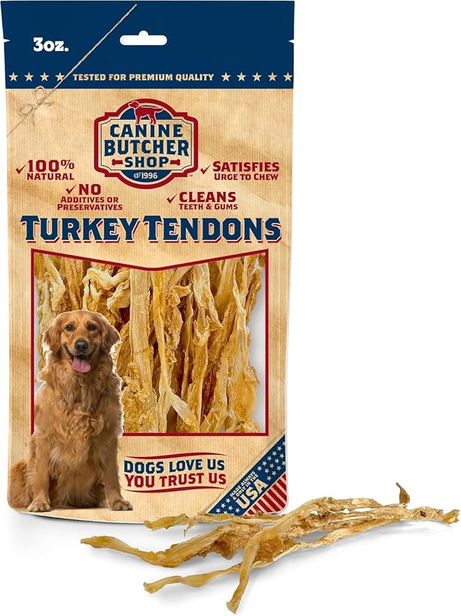 Turkey Tendons for Dogs Made and Raised in USA, All-Natural Chews for Small and Large Breeds, Single-Ingredient Treat, Healthy No Hide Dog Chews (3 oz)