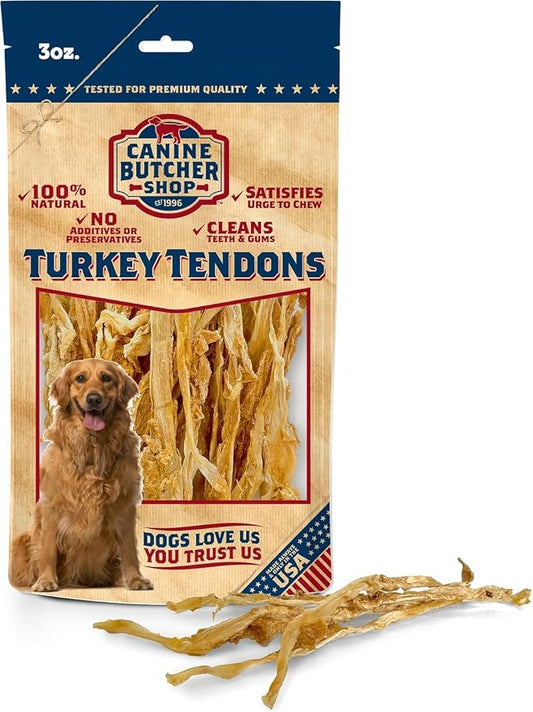 Turkey Tendons for Dogs Made and Raised in USA, All-Natural Chews for Small and Large Breeds, Single-Ingredient Treat, Healthy No Hide Dog Chews (3 oz)