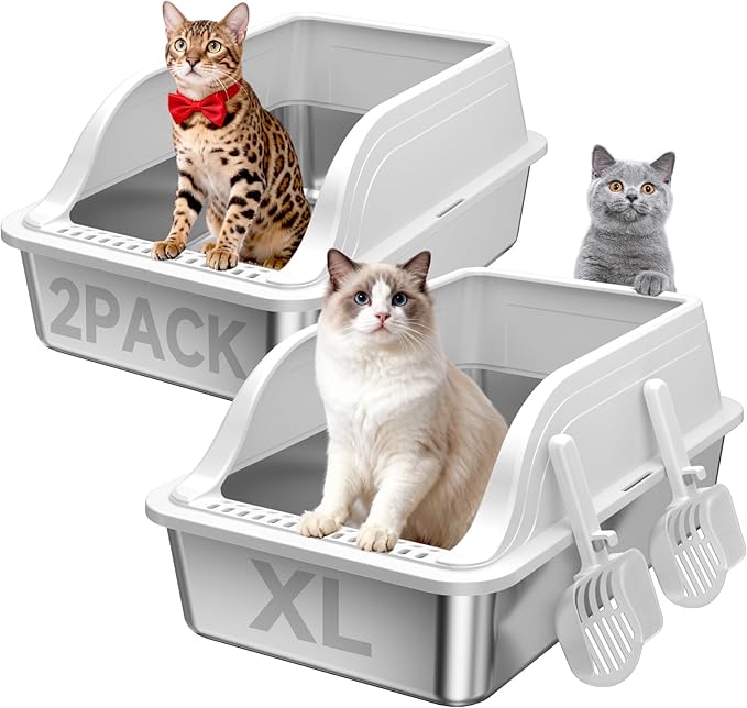 Stainless Steel XL Cat Litter Box for Cats, High-Sided Design Prevents Urine Leakage, Non-Stick, Easy to Clean, Includes Scoop, Gray XL 2 Pack