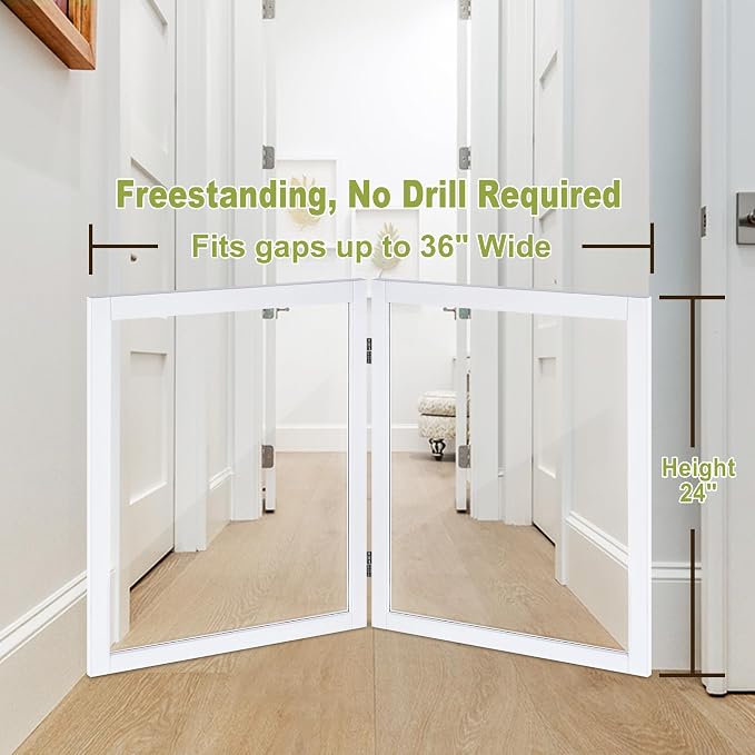 LZRS Clear Dog Gate for Indoor Use - Transparent Pet Fence with Solid Hardwood and Plastic Board, Stylish & Durable freestanding Pet Gate for Doorways, Stairs and Hallways-2 Panel White