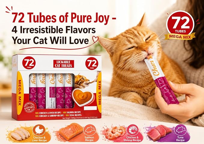 Premium Lickable Cat Treats - 72 Squeeze Tubes (0.5oz) | High-Protein Grain-Free Variety Pack | Hydrating Creamy Snacks for All Cats | Vet-recommended formula with real meat & fish ingredients supports healthy digestion, skin & coat while encouraging h...
