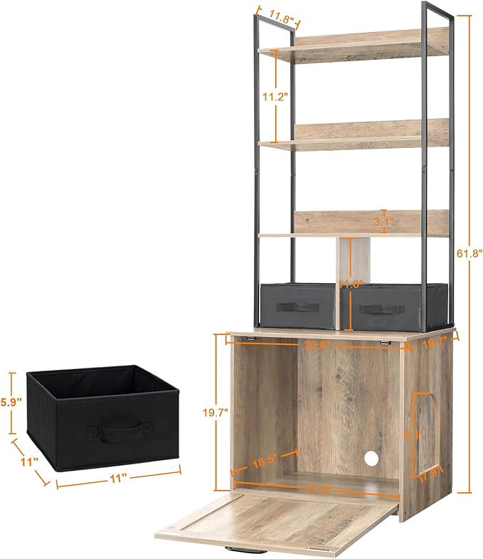Dwanton Litter Box Enclosure with 3 Storage Shelves and 2 Drawers, 2-in-1 Hidden Cat Litter Box Enclosure Furniture with Shelf, Reversible Entrance, Washable Drawers, 61.8-Inch, Greige