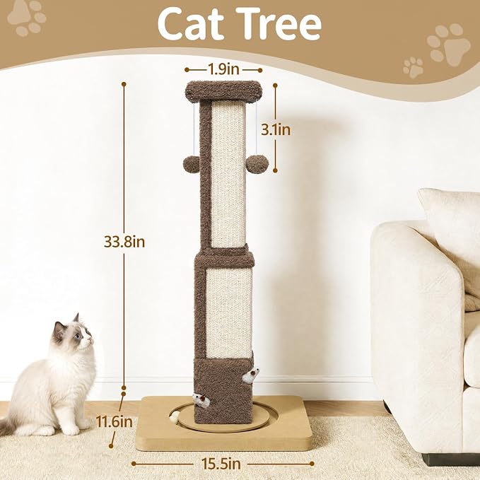 Tall Cat Scratching Post for Large Cats Kittens, 33" Indoor Sisal Vertical Pole Heavy Duty Square Structure with 4 Interactive Mouse Holes and Track Ball Base, Shields Furniture from Scratches