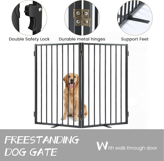 Full Metal Freestanding Dog Gate with Cat Door for Outdoor & Indoor,40" Extra Wide Foldable Pet Fence,30" Tall Free Standing Dog Gate for RV Camping,Stairs,Hallways,Doorways,Deck,Yard (2 Panels,Black)