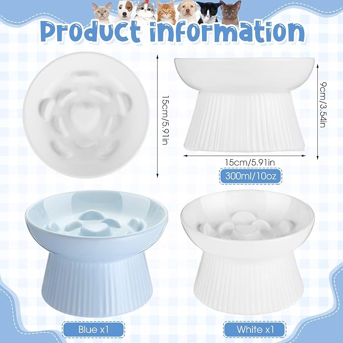 Tioncy 2 Pcs Raised Cat Slow Feeder Bowl Ceramic Elevated Cat Dog Food Bowl No Spill High Edge for Dry Wet Food and Water Easy to Clean, Dishwasher Safe (White,Blue)