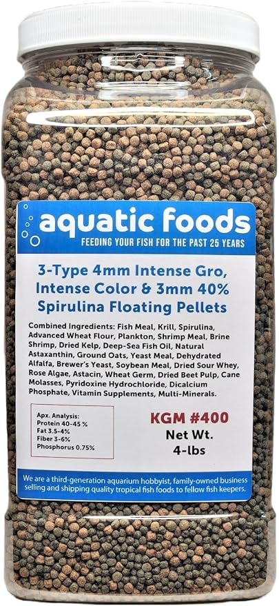 3-Type Blend of 4mm Floating Intense Growth & Intense Color Enhancing Pellets & 3mm 40% Spirulina Floating Pellets for All Tropicals, Cichlids, Koi & Pond Fish. KGM-400…4-lb Lg Jar
