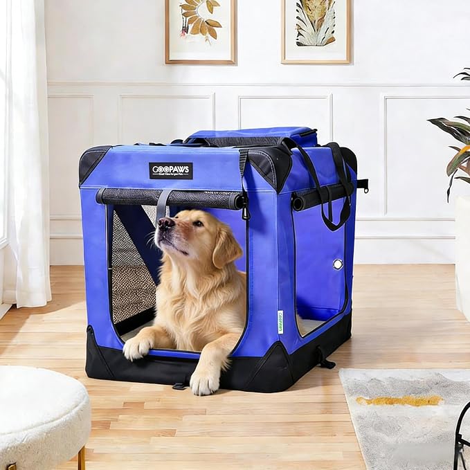 JESPET Soft Dog Crates Kennel for Pets, 3 Door Soft Sided Folding Travel Pet Carrier with Straps and Fleece Mat for Dogs, Cats (Royal Blue, X-Large(36" L x 24" W x 27" H))