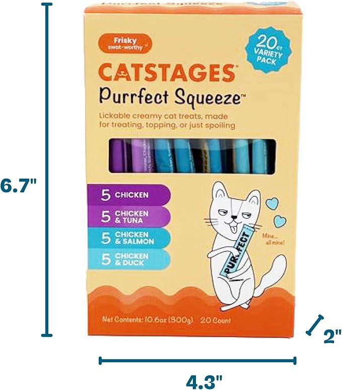Catstages Purrfect Squeeze Lickable Wet Cat Treats, Creamy Purée Treat & Topper, Made with Real Chicken, Clean Ingredients, No Artificial Preservatives, 0.5 oz Tubes, 20-Count, 4-Flavor Variety Pack