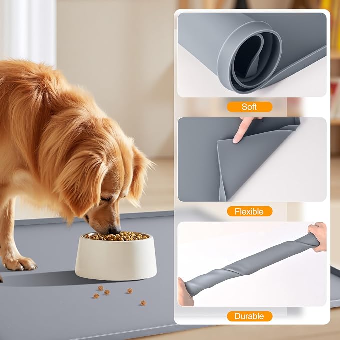 Finorder 23.6"x19.7" 100% Silicone Pet Feeding Mat, Higher Raised Edges and Slip Resistant Pet Food and Water Bowl Mat, Waterproof Pet Food Placemat Silicone Tray, Dishwasher Safe (Grey)
