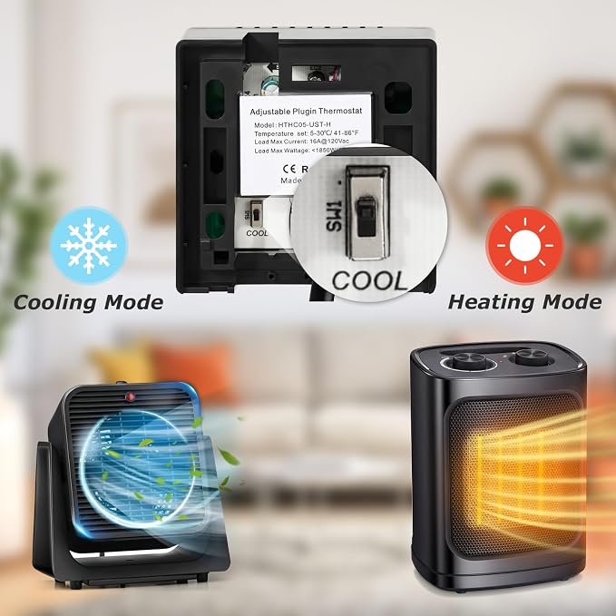 Adjustable Thermostat, Briidea Plug in Heating & Cooling Thermostat with LED Indicator, Compatible with Space Heater, Window Air Conditioners, Fans, Ideal for Household, Reptile, Greenhouse, Black
