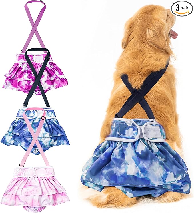 3 Pack Avont Washable Female Dog Diaper with Suspender, Reusable Girl Doggie Diapers for Small Medium Large Doggy in Heat Cycle Period Incontinence -M