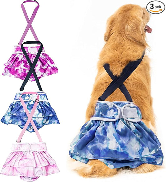 3 Pack Avont Washable Female Dog Diaper with Suspender, Reusable Girl Doggie Diapers for Small Medium Large Doggy in Heat Cycle Period Incontinence -M