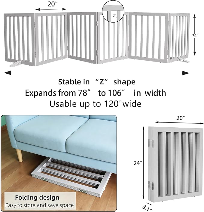 Dog Gate Indoor, Freestanding Dog Fence for The House, Doorways, Hallways,or Stairs,Pet Gate Foldable Wooden,Expandable 24" Height 6 Panels,Grey