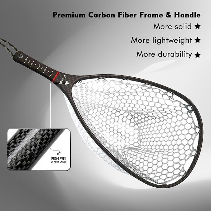 Riverruns Fly Fishing Landing Net Carbon Fiber Trout Net with Measurement Handle, Soft Rubber Mesh - 26" Standard (Wading) / 37" Long (Kayak)