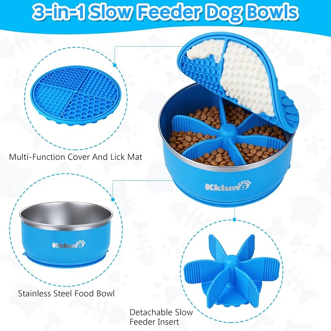 Slow Feeder Insert Dog Bowl 3-in-1 with Lick Mat - 64oz Stainless Steel Food Water Bowl, Non-Slip Suction Cup Base, Dishwasher Safe Puzzle Maze Insert for Dogs Cats All Breeds, Blue