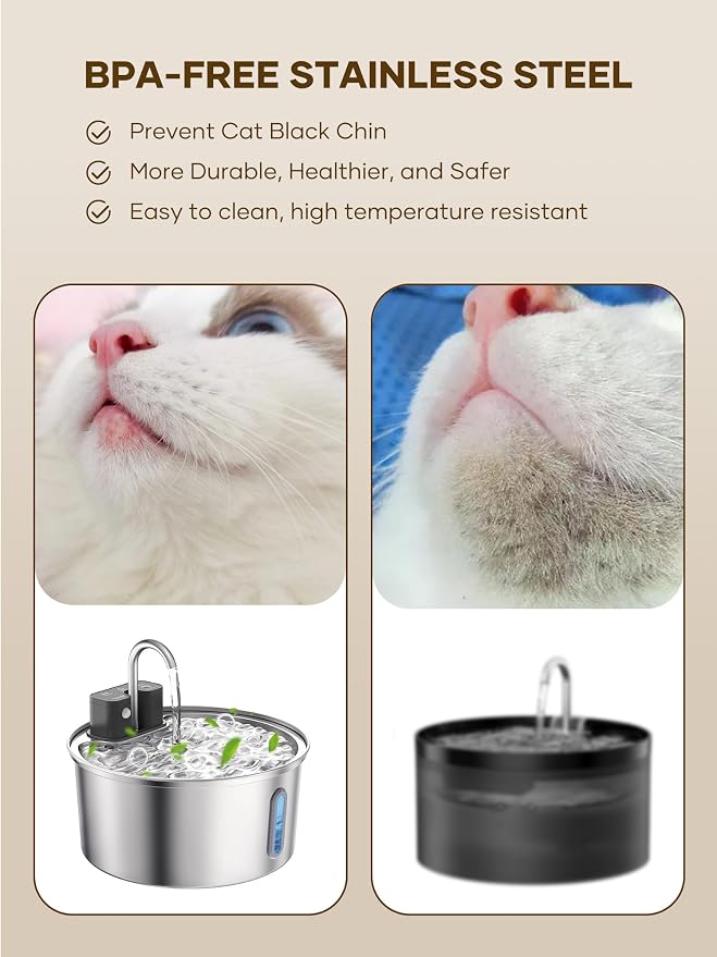 Tomxcute Wireless Cat Fountain 10 Filters -108oz Cordless Battery Operated | Quiet Pump Stainless Steel Pet Fountain with 3 Smart Water Supply Modes Rechargeable Water Dispenser for Cats, Dogs, Pets