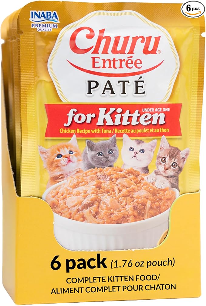 INABA Churu Entrée Pate for Kittens, Grain-Free, High Moisture, Prebiotic Wet Cat Food, 1.76oz. per Pouch, 6 Pouches, Chicken Recipe with Tuna
