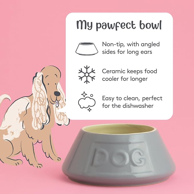 Mason Cash: Non-Tip Dog Bowl - Grey - 8.3", 54oz - Durable Ceramic Food & Water Angled Dish, Microwave-Dishwasher Safe, Pet Meal Feeding & Hydration