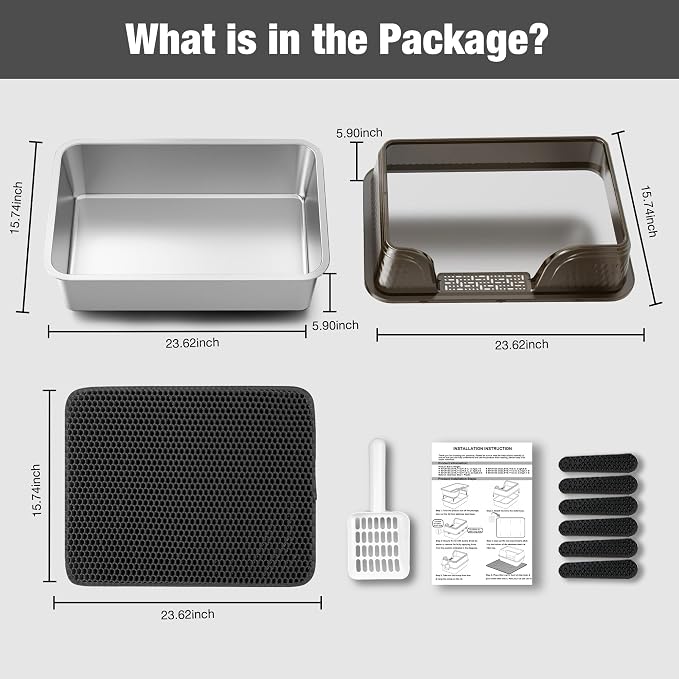 Suhaco XXL Stainless Steel Litter Box with High Sided Deep Side Entry Deep Extra Large Metal Litter Box Included Mat & Scoop Anti-Urine Leakage Cat Litter Boxes for Big Cats (Black)