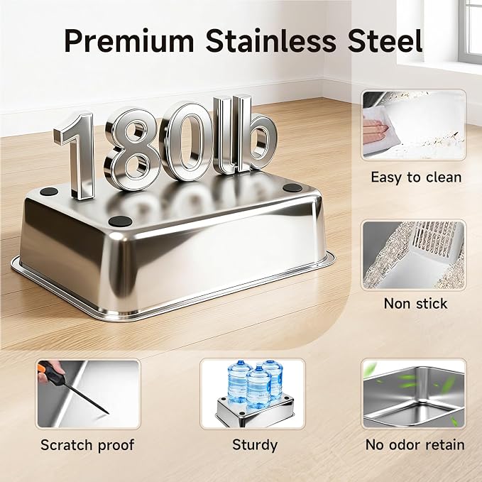 Extra Large Stainless Steel Litter Box with Lid, High Sided Enclosed Metal Cat Litter Pan, Dog Proof Front Entry Top Exit, Odor Control Easy Clean Leak Proof, Includes Scoop & Step, Grey