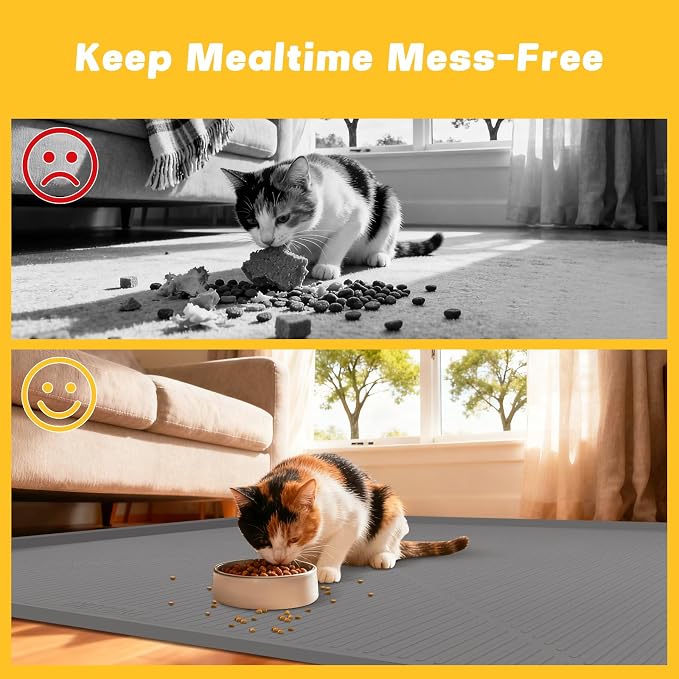 Lorvain 45" x 30" Cat Food Mat, Extra Large Silicone Pet Feeding Mat with Raised Edges, Pet Placemat for Cat Dog Food and Water Bowl Waterproof, Non-Slip, Easy to Clean, Floor Protection, Dark Grey