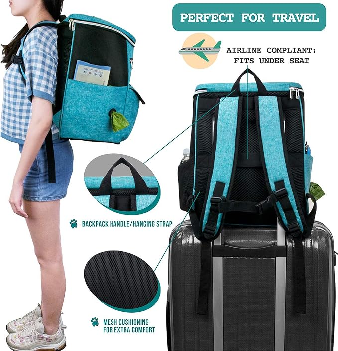 PetAmi Dog Travel Bag Backpack, 27L Airline Approved Pet Supplies Organizer with 2 Food Containers, 2 Collapsible Bowls & Poop Bag Dispenser, Weekend Road Trip Camping Dog Mom Gift, Teal Blue