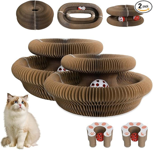 2 Pack Cat Scratcher Board Foldable with Bell Ball, Magic Organ Cat Toy for Cats, Protects Furniture, Corrugated Cardboard Scratching Pad，Interactive Mental Physical Exercise for Indoor Cats Toy