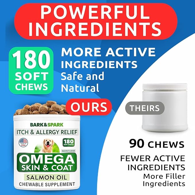 BARK&SPARK Omega 3 for Dogs - 180 Fish Oil Treats for Dog Shedding, Skin Allergy Chews, Itch Relief, Hot Spots Treatment - Joint Health - Skin and Coat Supplement - EPA & DHA Fatty Acids - Salmon Oil